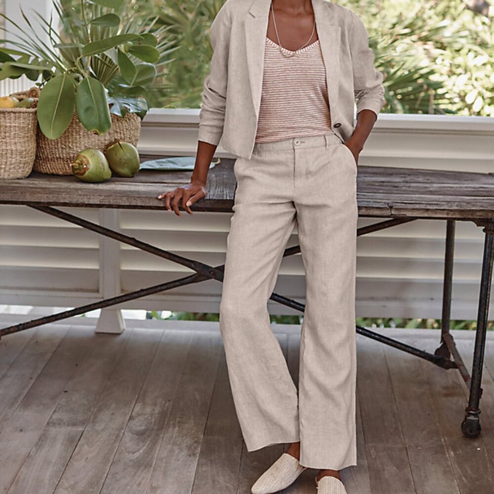 Garnet Hill Classic Linen Trousers Pants Straight Leg Sand sz 8 Casual Lagenlook
